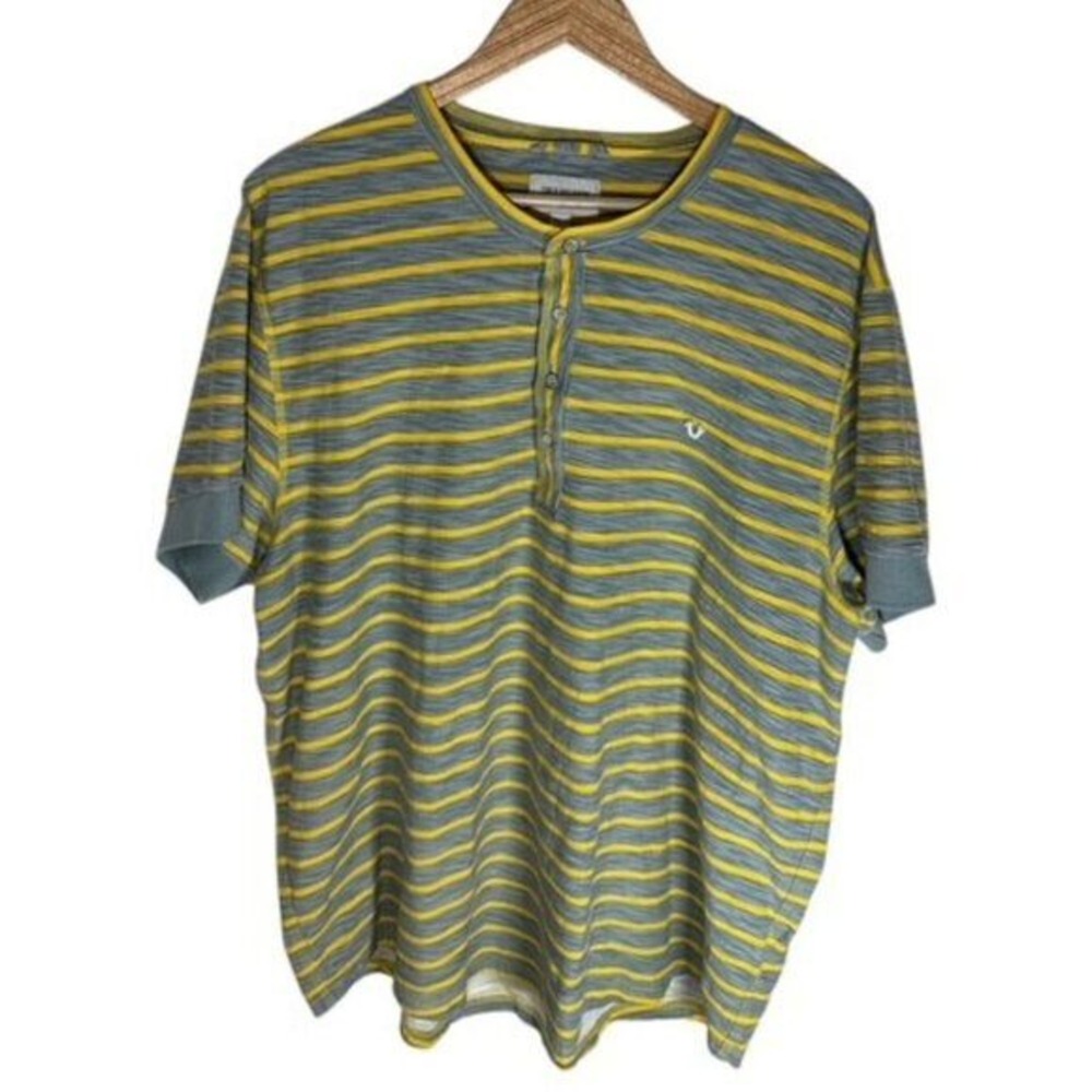 True Religion Mens XXXL Henley Shirt Gray Yellow Striped Short Sleeve Cotton